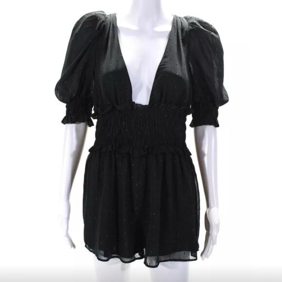 NBD Anya Black Chiffon Open Back Puff Sleeve Romper S - Picture 4 of 10